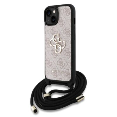 Guess PU 4G Metal Logo Crossbody Popruh Zadní Kryt pro iPhone 15 Pink
