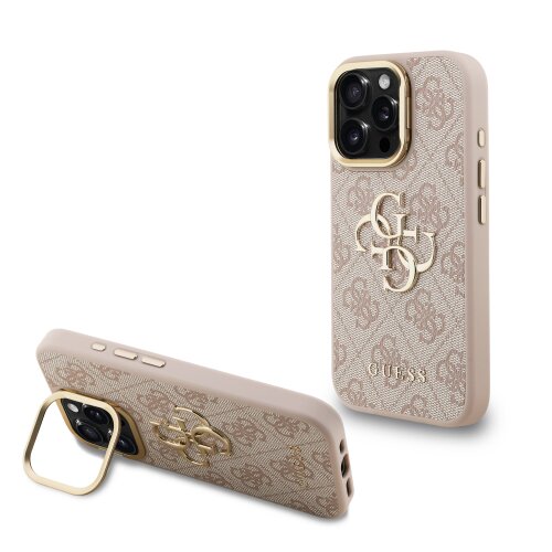 Guess PU 4G Metal Logo Stand Camera Frame Zadní Kryt pro iPhone 15 Pro Pink