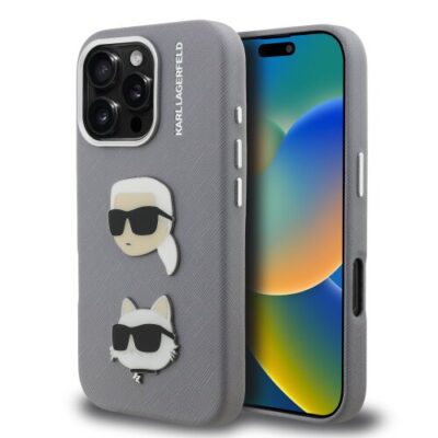 Karl Lagerfeld Grained PU K&CH Heads Zadn&iacute; Kryt pro iPhone 16 Pro Max Grey