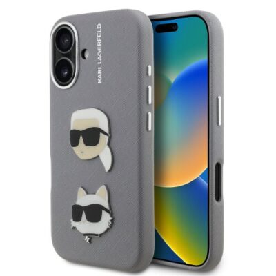 Karl Lagerfeld Grained PU K&CH Heads Zadní Kryt pro iPhone 16 Grey