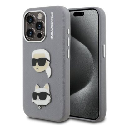 Karl Lagerfeld Grained PU K&CH Heads Zadní Kryt pro iPhone 15 Pro Max Grey