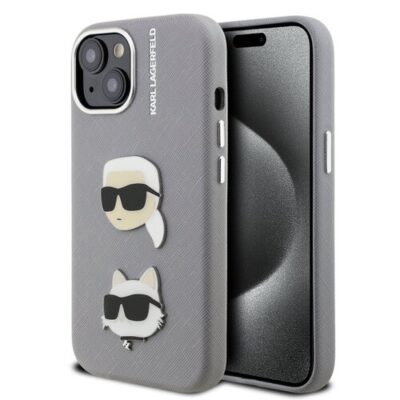 Karl Lagerfeld Grained PU K&CH Heads Zadní Kryt pro iPhone 15 Grey