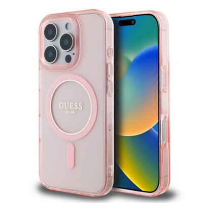 Guess IML Glitter Ring MagSafe Zadn&iacute; Kryt pro iPhone 16 Pro Pink